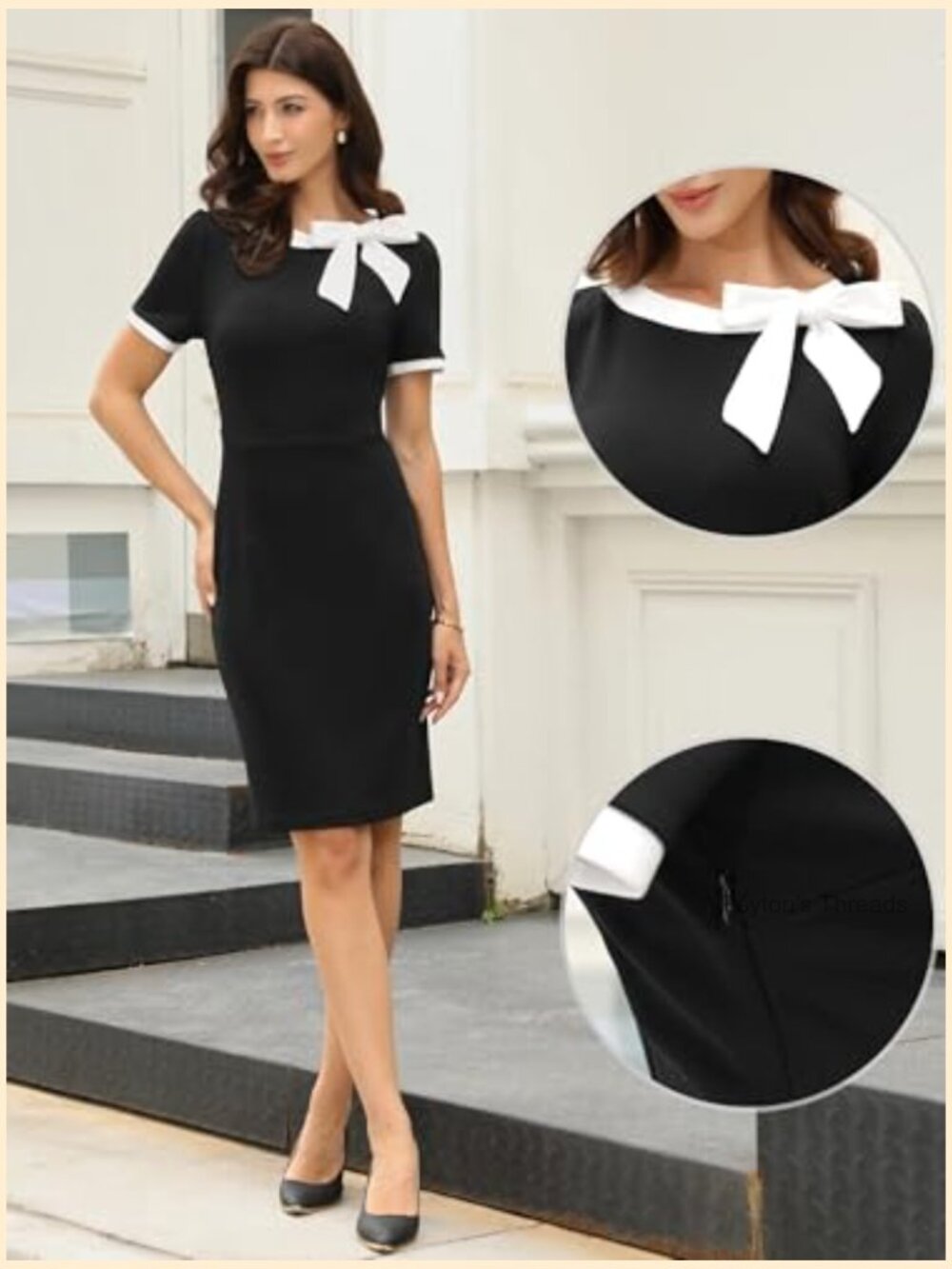 Bow Tie Crew Neck Short Sleeve Midi Dress Business Casual - Picture 4 of 5